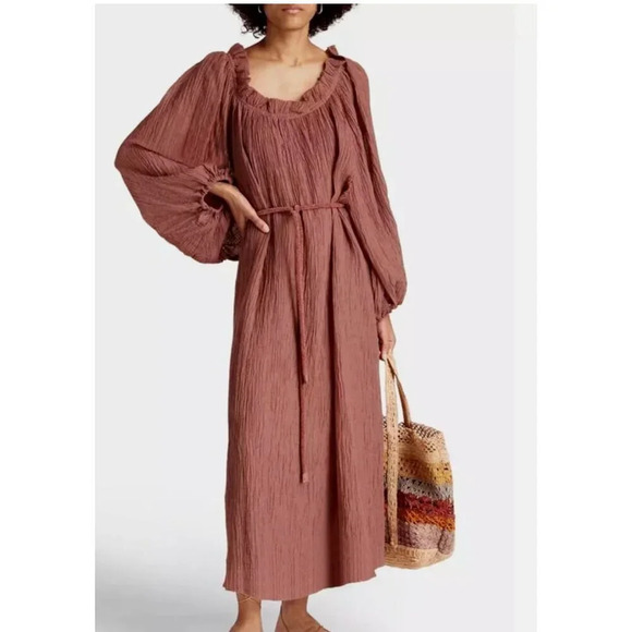 TORY BURCH Ruffle Neck Loose Fit‎ Midi Caftan Dress Mauve Medium Reg $498 - Picture 1 of 11